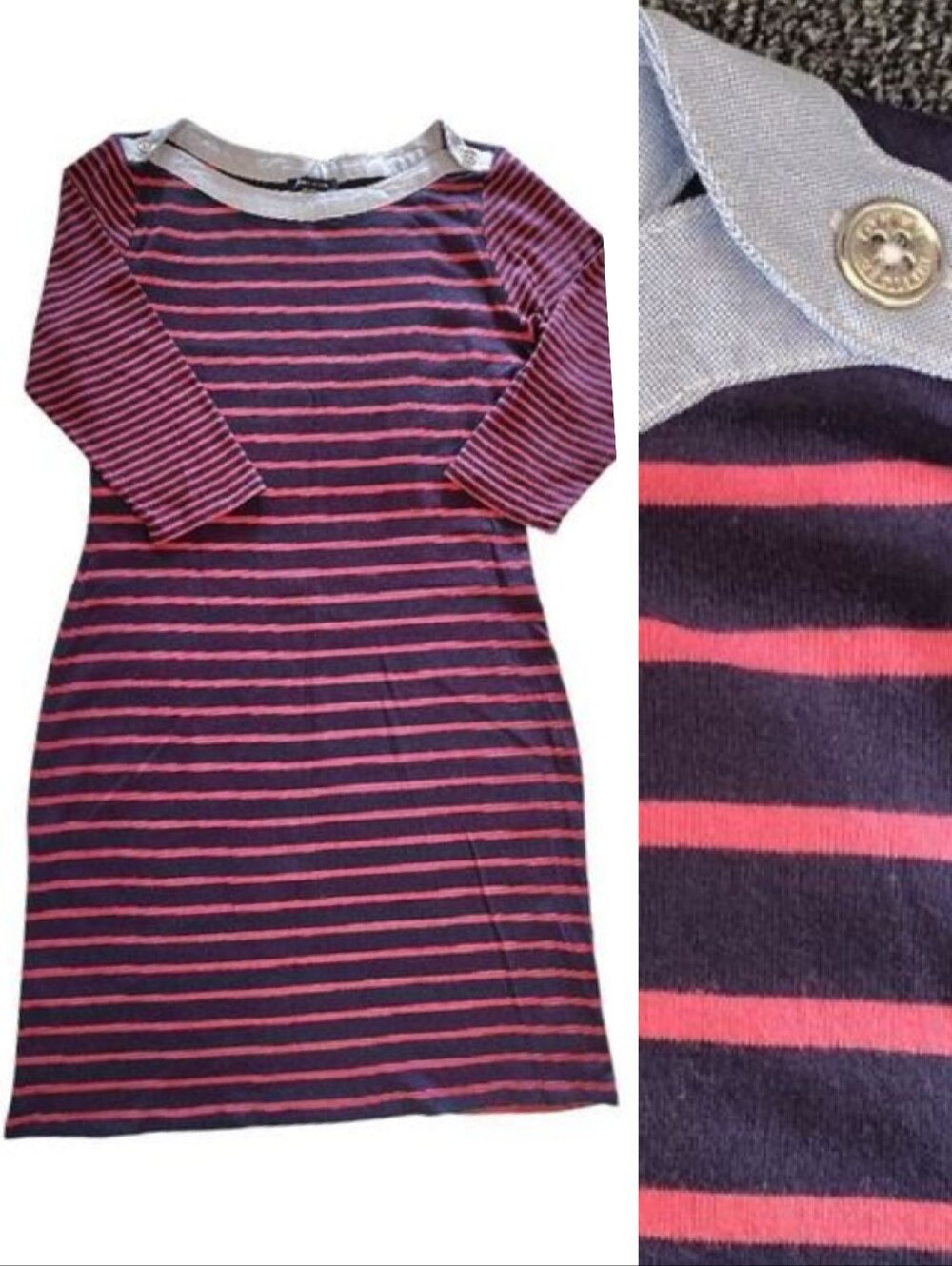 Tommy Hilfiger Navy Pink Striped Cotton Knit‎ Stretch Midi Dress Medium Preppy